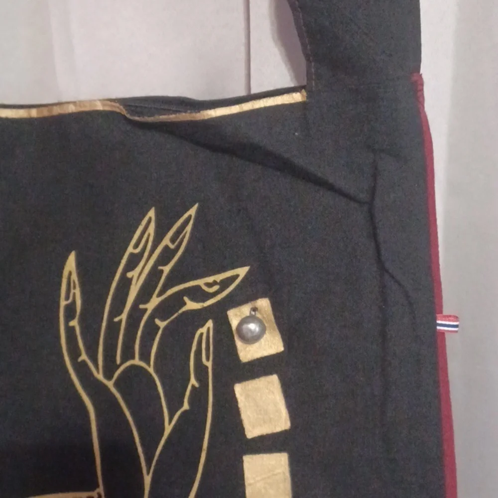Boho Black Henna Hand Textile Shoulder Bag, Festival, Yoga